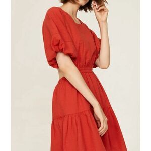 Madewell  Seersucker Puff Sleeve Cutout Mini Dress In Orange Red  Size XS NWT